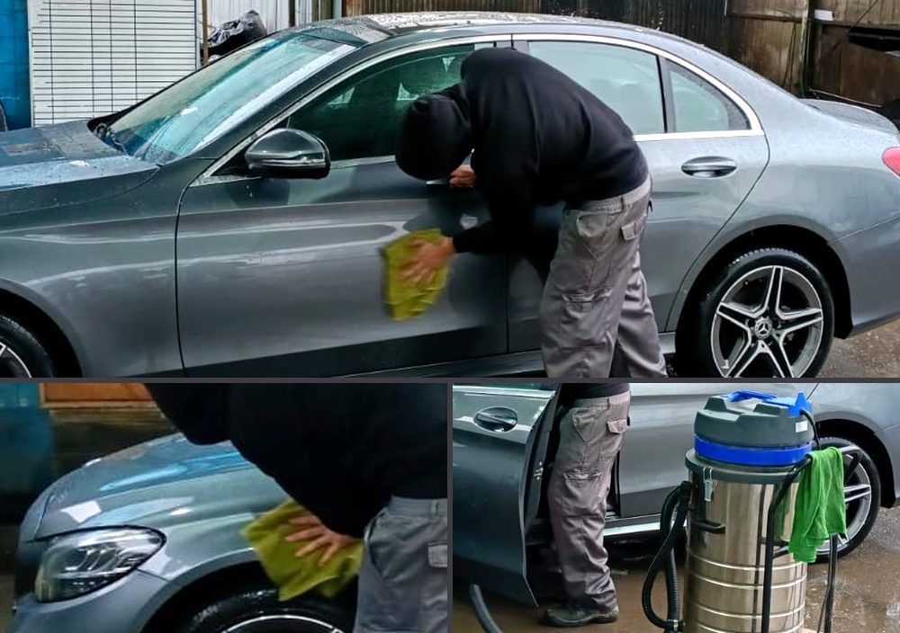Lavado y secado de un vehículo, con aspirado interior mediante extractor