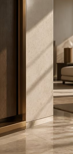 Encuentro entre un panel de madera con perfil metálico, un muro texturado y un piso de piedra pulida