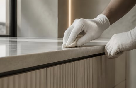 Manos con guantes blancos repasando el canto de una cubierta de piedra sobre un mueble acanalado